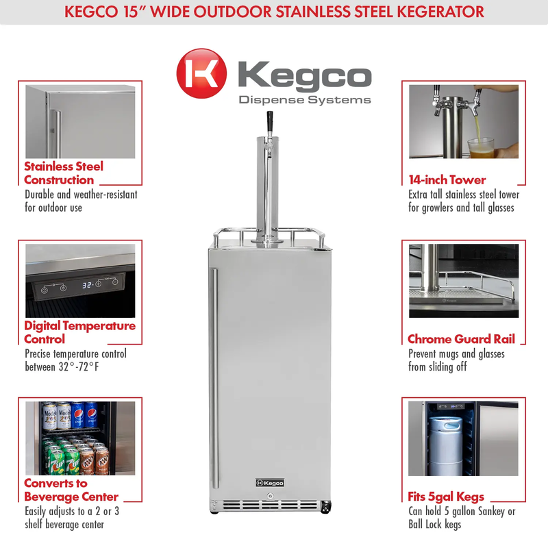 Kegco HK-15-SS 15" Wide Outdoor Single Tap Stainless Steel Built-In Commercial Kegerator