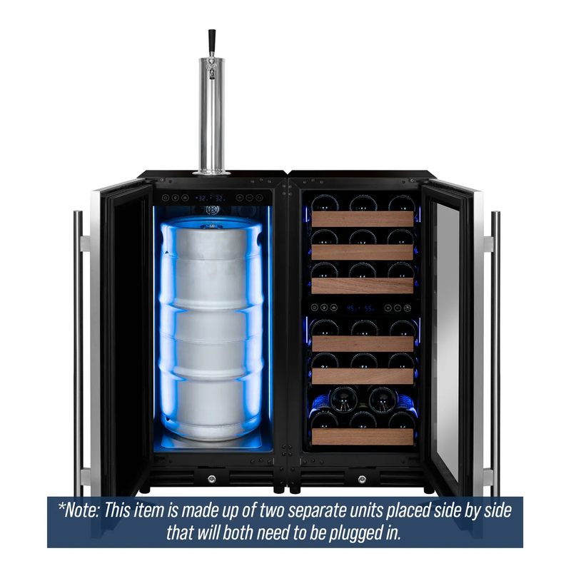 Kegco & Allavino VS15-2WK-L 30" Side-by-Side Dual Zone Wine Refrigerator & Single Tap Kegerator – Stainless Steel (Left Hinge)